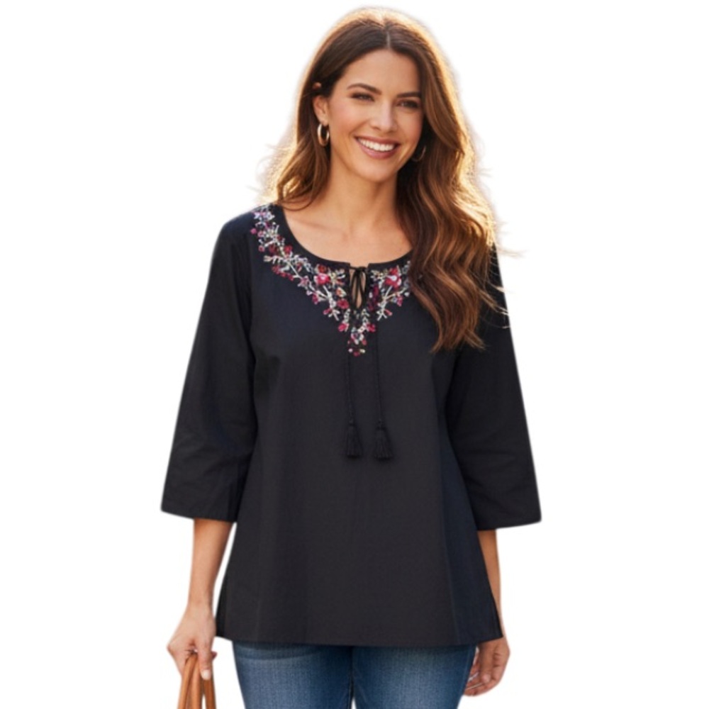 DKNY Jeans Black Cotton Embroidered Blouse Shirt